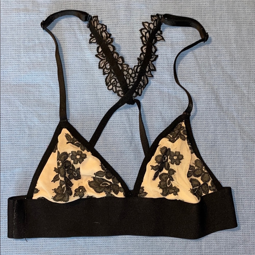 PINK Victoria's Secret Black and Cream Lace Bralette